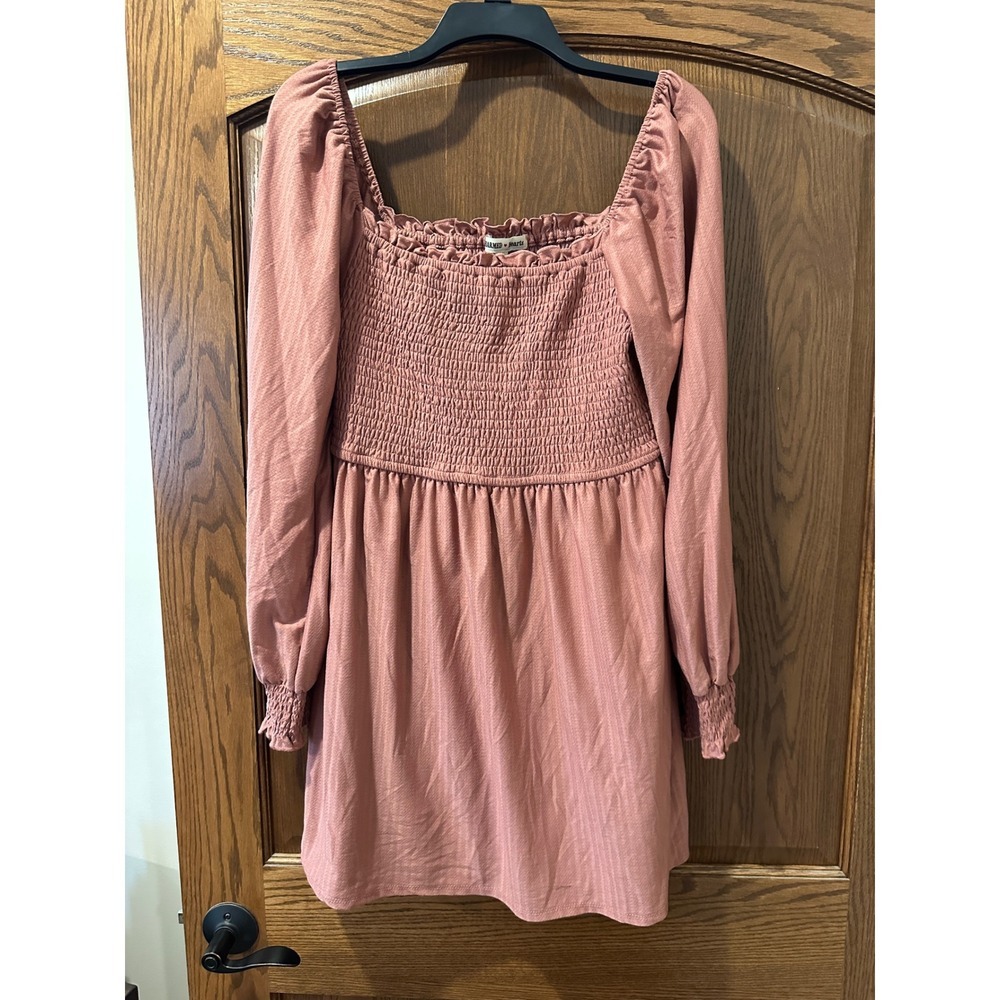 Charmed Heart Dress, Long Sleeve,‎ Square Neck, Smocked Bodice, Pink Size L